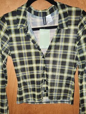 H&M Black and Yellow Plaid Sheer  Button-Up Shirt Size Small